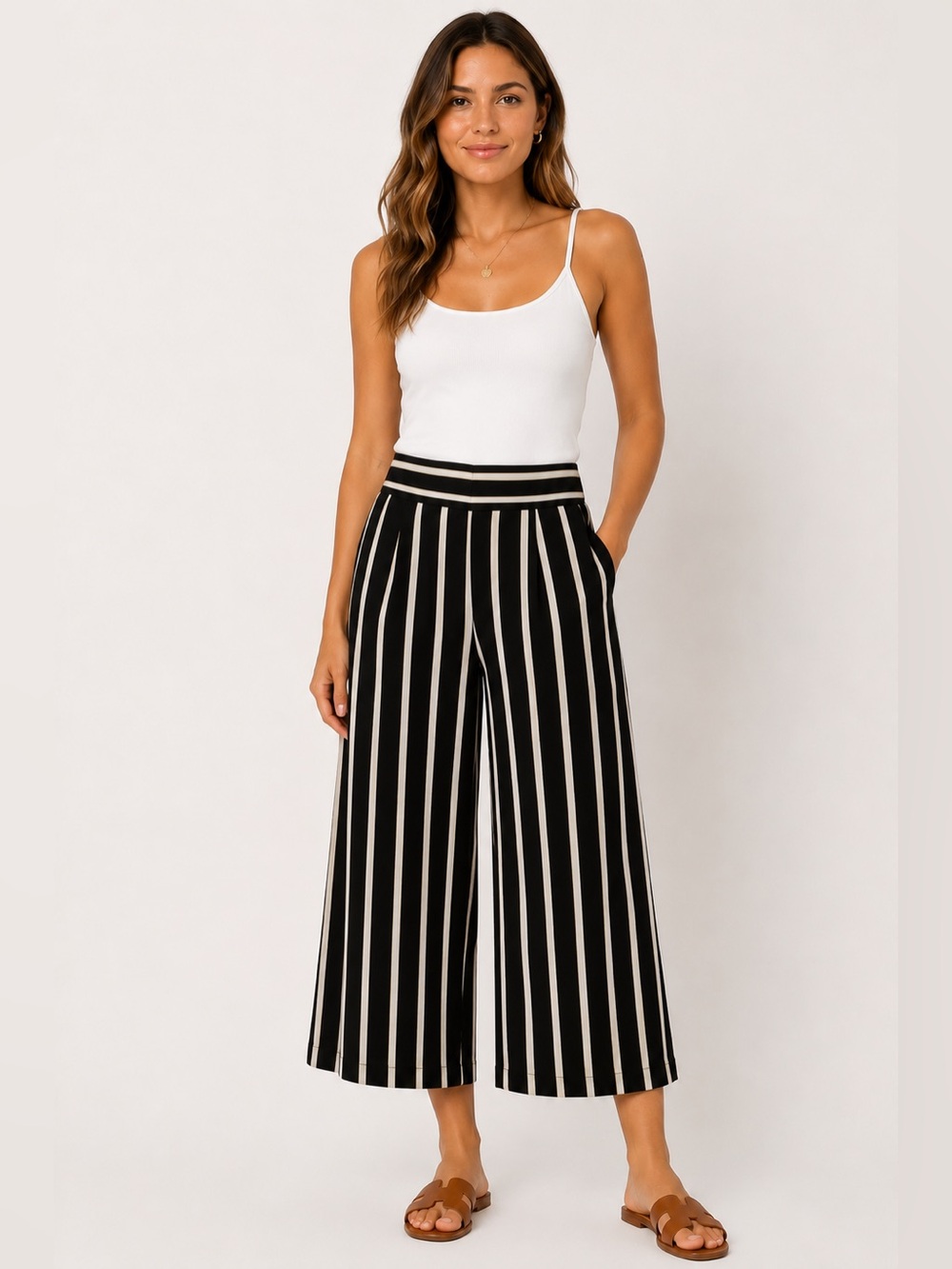H&M Black & Cream Striped Cropped Wide Leg Pants | Size US 4